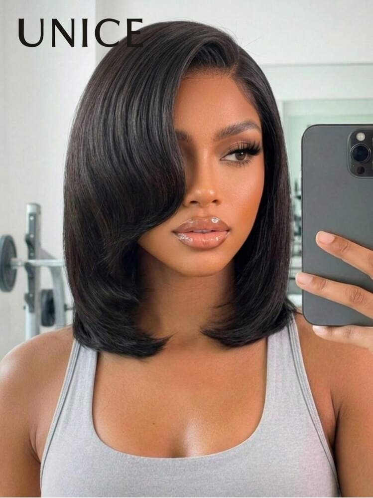UNice Side Part Short Bob Wig Human Hair With Blow Out Layered Bangs 7x5 Lace Front Glueless Wigs Human Hair Pre Plucked Bleached Knots Pre Cut Ready To Wear Natural Black Color Hair 150% Density Beginner Friendly For Women - Natural Black - View 3