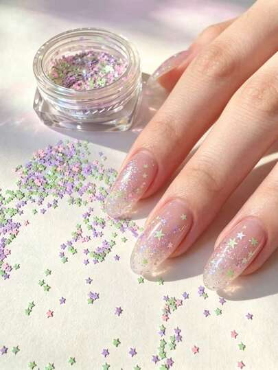 2 Boxes Macaron Pastel Pink Purple Green Mini Five-Pointed Star Nail Glitter, Soft Macaron Three-Color Mixed Fine Glitter, Ultra-Thin Glitter Adheres Well To Nail Surface Without Scratching Skin, Suitable For Nude Gradient, Gentle Almond Nails, Daily Wear Nail DIY, Soft Cute Girl Atmosphere, Versatile For Commute, Date, Sweet Girl Style, Mini Sealed Small Jars Dust-Proof And Portable, Easily Create Clear Dreamy Starry Nude Nails
