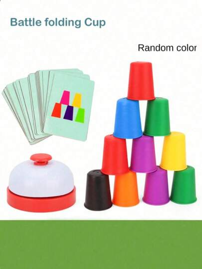 1 Set Stacking Cups Game (Includes Cards, 12 Cups, 1 Bell), Desktop Game, Color Sorting Cognitive Training Stacking Cups, Made Of Durable Material. Portable And Easy To Use, Can Be Played Anytime And Anywhere, Cultivates Fast Thinking And Reaction Ability