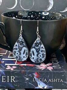 1Pair Black Teardrop White Spider Web Line Print 2D Flat Acrylic Hook Dangle Earrings, Minimal Halloween Cobweb Pattern Drop Earrings For Women. - Ghost - View 2