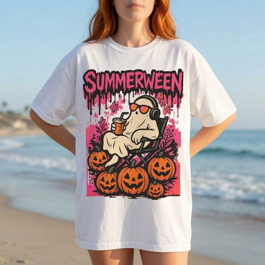 Summerween Cute Chilling Ghost Pumpkin Print Oversized T-Shirt, Casual Spooky Summer Halloween Short Sleeve Tee - Weiss - Übersicht 1