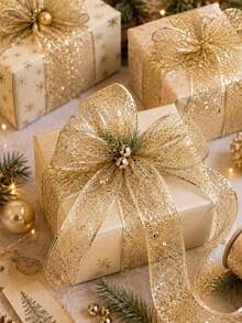 Christmas Sequin Mesh Ribbon Set, Silver Red Gold Holiday Decorative Shaped Ribbon, Glitter Hollow Woven Wide Ribbon, Suitable For Christmas Tree Wrapping, Wreath Bows, Gift Packaging, Fireplace Garland, Stair Railing, Door Frame Window Display And Holiday Table Decor - Christmas Ribbon - View 6