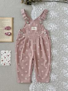 Baby Girl Pink Ditsy Floral Overalls, Adjustable Shoulder Straps, Vintage Versatile - Pink - View 8