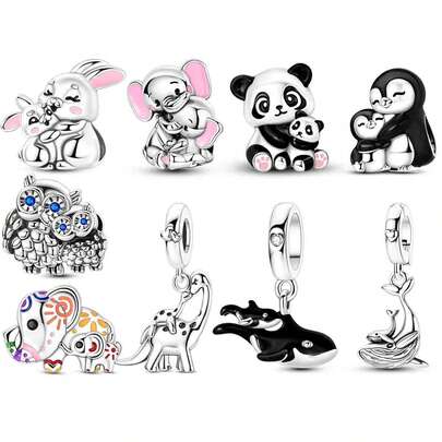 1 pieza Colgante de animal padre-hijo chapado en plata, conejo abrazando elefante panda pingüino búho ballena, cuentas para hacer pulseras collares y joyería DIY