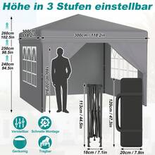Pop up Pavillon UPF 50+ Wasserdicht 3-stufig Höhenverstellbar Faltbar Gartenpavillon mit Seitenwänden für Garten Terrasse Party Camping - Hellgrau - Übersicht 3
