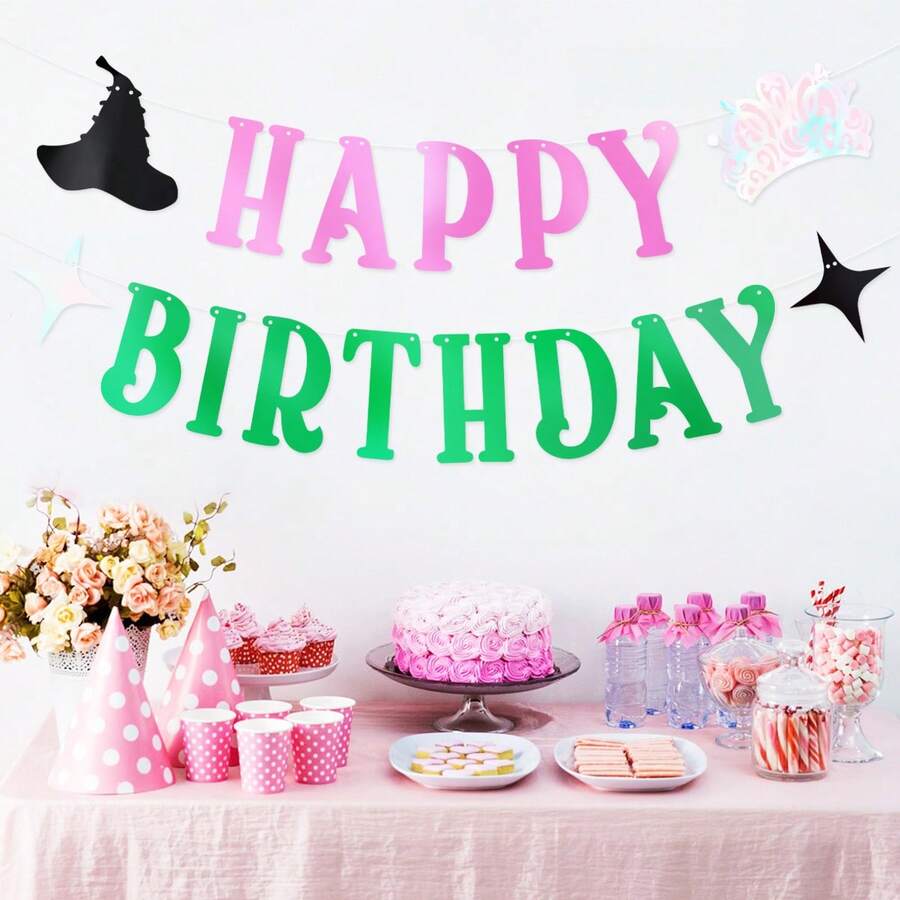 女巫主題生日快樂橫幅,閃粉邪惡生日派對橫幅,漸層粉色與綠色派對裝飾,女巫邪惡派對裝飾拍照背景道具 - 彩色 - 查看 1
