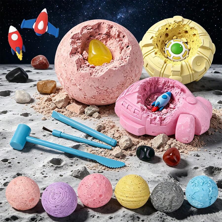 Set Mainan Gali Batu Permata Planet Luar Angkasa, Cocok Untuk Anak Usia 3 Tahun Ke Atas, Balok Gali Planet Tata Surya Dengan Kristal Alami Tersembunyi Dan Figur Pesawat Luar Angkasa Mini, Lengkap Dengan Palu Gali Dan Sikat, Hadiah Edukasi Sains STEM, Cocok Untuk Anak Laki-Laki Dan Perempuan - MultiWarna - View 1