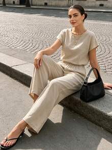 Beige Linen Blend 2 Pieces Outfit, Elegant Casual Summer Vacation Short Sleeve Top Wide Leg Pants Matching Set For Women - Apricot - View 3