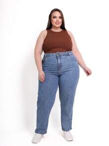 Basic Plus Size Mom Jeans, High Waist, Casual, Simple, Pocket, Zipper, Button - Azul lavado medio - Ver 8