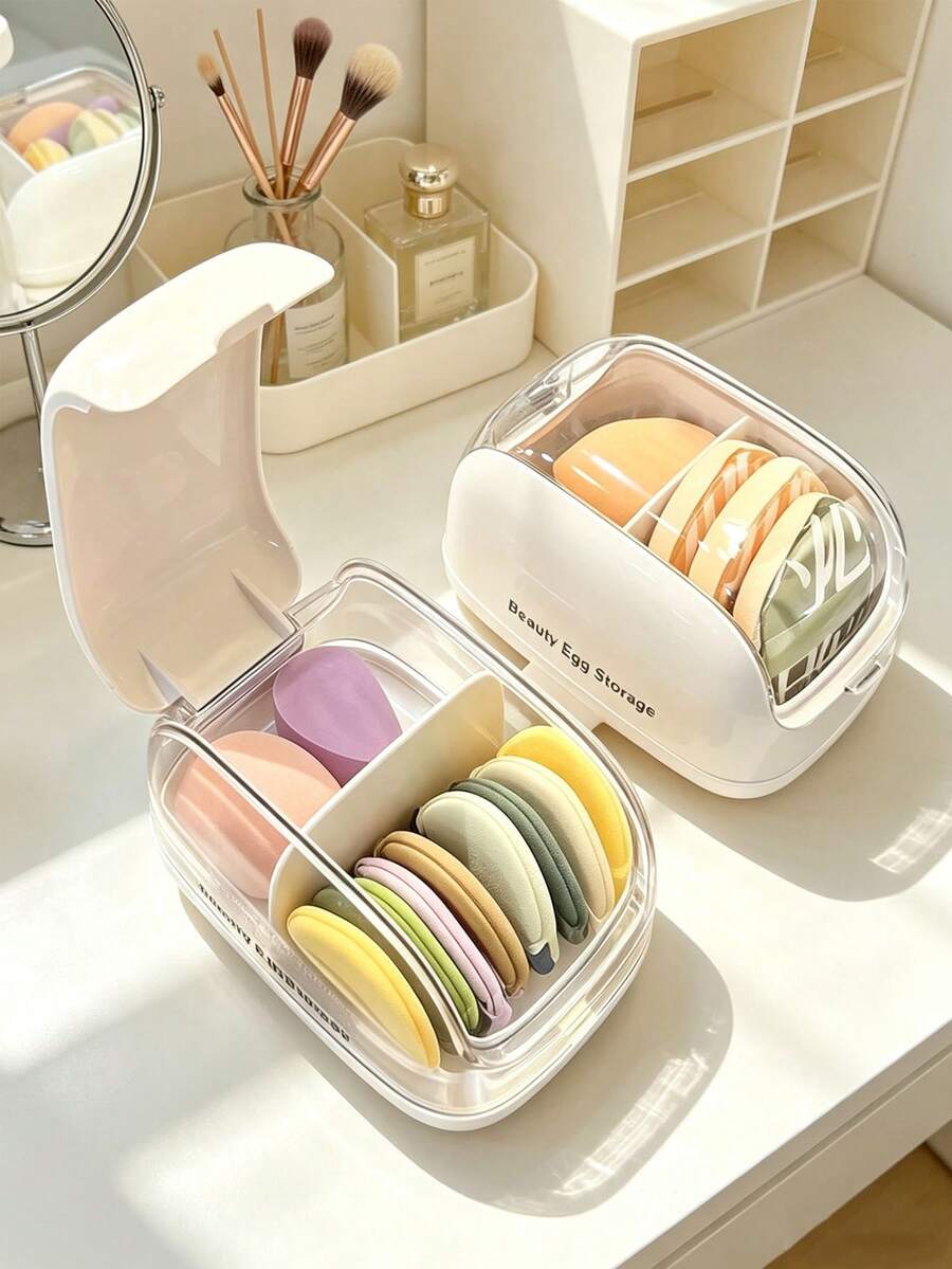 1pc/6pcs Dust-Proof Flip Cover Makeup Sponge Storage Box, Multi-Compartment Vanity Organizer, Divided Cushion Puff Makeup Tool Storage Box, Space-Saving Desktop Cosmetic Organizer For Girls' Daily Vanity Use