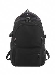LECEY Multi-Zipper Pocket Nylon Laptop Backpack With Triangle Metal Zipper Pulls, Mesh Handle And Side Adjustment Buckle, Student School Bag - Black - View 3
