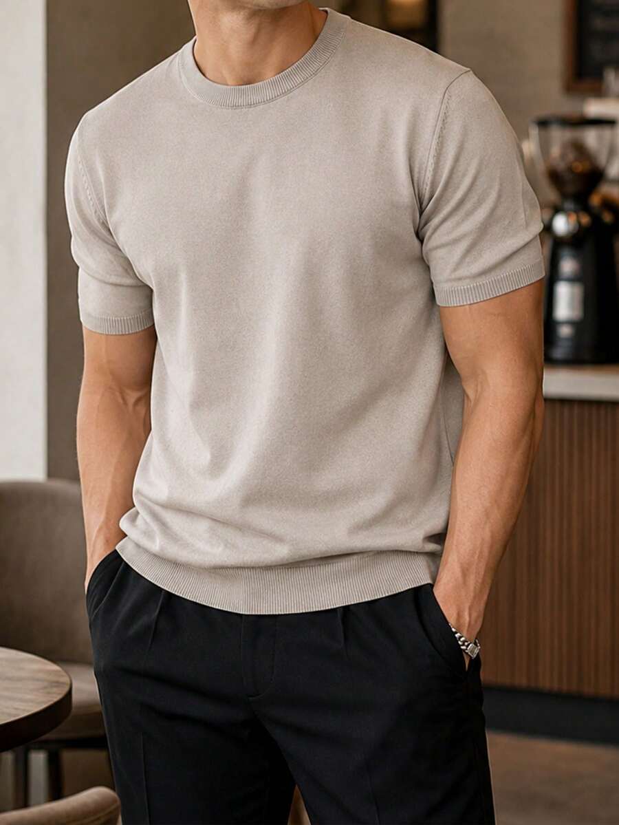 Men's Casual Solid Color Short Sleeve Pullover Knitted Top, Spring/Summer