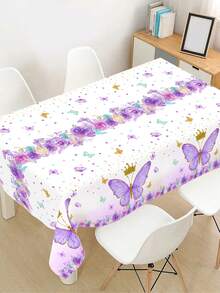 1Pc Disposable Plastic Tablecloth,Purple Butterfly Pattern Rectangle Table Cover For Princess Theme Bridal Shower Baby Shower Birthday Party Decor - Multicolor - View 8