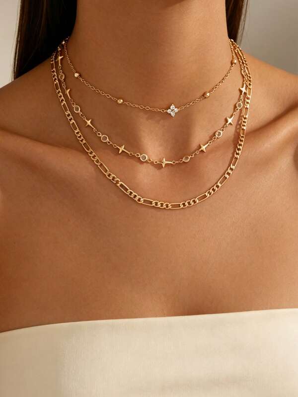 Juego de 3 piezas/Set de collar de lujo estilo nicho con estrella y strass, collar de mujer de moda en color dorado, adecuado para uso diario, vacaciones de verano, citas, fiestas y festivales de música