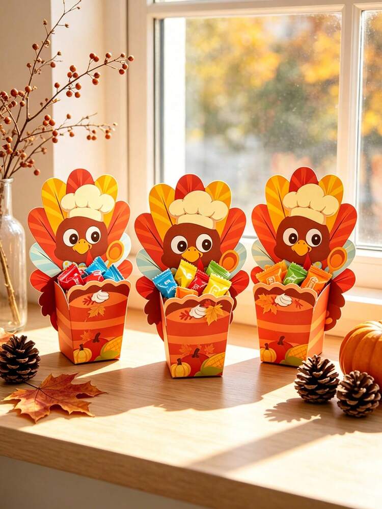 24sets(24 Cards+24 Boxes) Turkey Shaped Gift Boxes Turkey Pumpkin Pattern Paper Gift Packaging Box Cartoon Thanksgiving Harvest Theme Treat Boxes For Fall Thanksgiving Day Party Favors - Multicolor - View 2
