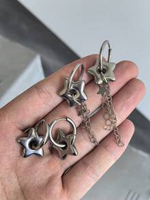 1 Pair Tri-Color Star Earrings, Fashionable Accessory Suitable For Daily Wear By Women - Multicolor - View 9