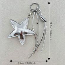 Shiny Silver PU Five-Point Star Shaped Key Chain With Multi-Layer Long And Short Silver Leather Tassels, Mini Metal Beads And Thick Silver Spiral Rope, Openable Silver Spring Key Ring, Universal For Girls, Backpack Charm, Car Key Pendant, Millennium Minimalist Style, Daily Affordable Small Gift - Silver - View 6