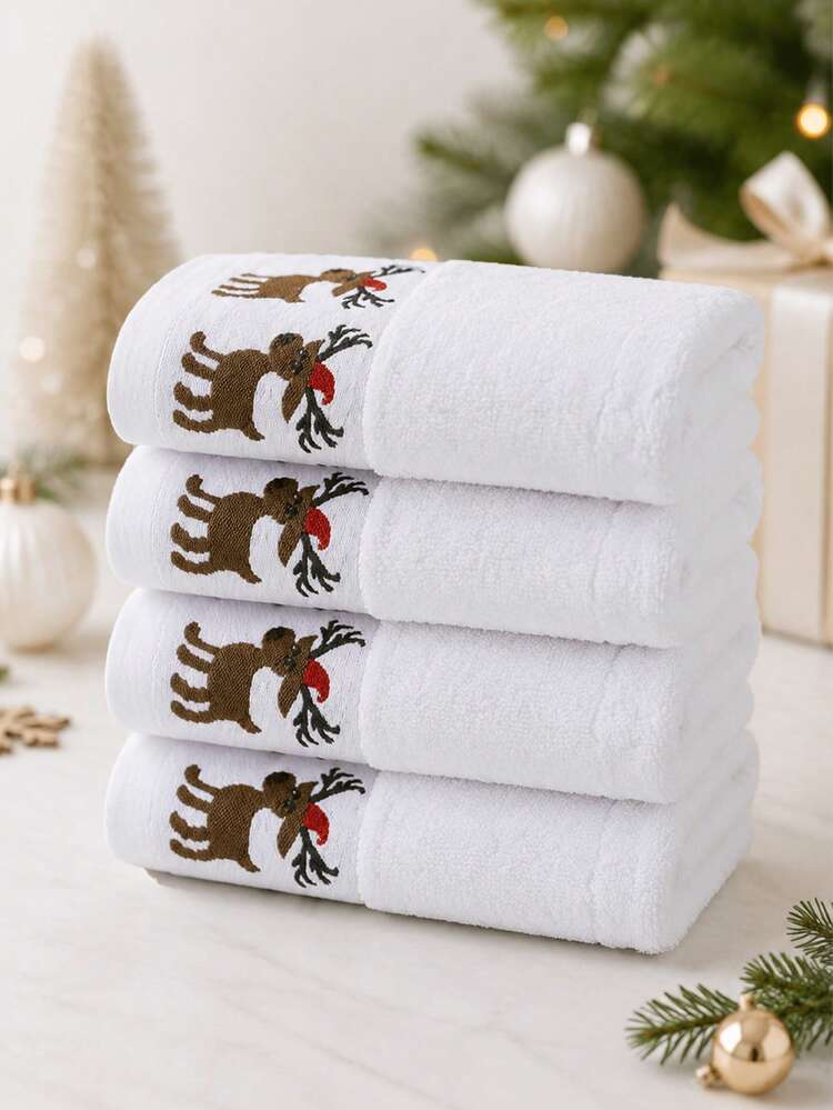 4pcs/1pc Christmas Reindeer Embroidered Towel Set, Absorbent Face Towel, Christmas Theme Home Hand Towel, Bathroom Kitchen Universal Holiday Decorative Towel - Multicolor - View 6