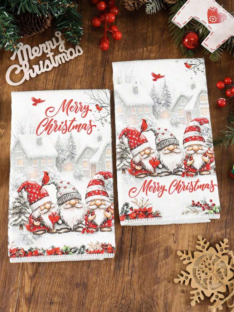 2pcs Christmas Gnome Kitchen Dish Towels, 40*48cm Snow House & Poinsettia Pattern Dish Cloths, Soft Polyester Hand Towels, Home Christmas Decor, Kitchen Accessories, Tabletop Decoration, Bathroom Housewarming Gift, Holiday Winter Vacation Decor - Red Hat Faceless Doll - View 10