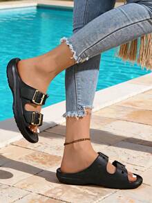 Sandalias de mujer de unicolor versátiles con hebilla de metal, EVA, parte superior ajustable amigable para pies anchos, suela gruesa con punta abierta, pantuflas casuales, adecuadas para uso diario en la oficina - Negro - Ver 6