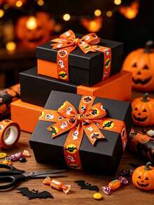 1 pieza Cinta con patrón de calabaza y murciélago de Halloween, cinta para envolver regalos, cinta decorativa de Halloween, tamaño 2.5cm*10, cinta acanalada para pastel de cumpleaños festivo, adecuada para envolver regalos, decoración de fiesta de Halloween y manualidades DIY - Multicolor - Ver 4