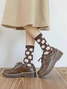 5 Pairs Women's Brown Argyle Round Toe Mid-Calf Socks, Soft Vintage Preppy Casual Socks, Suitable For Autumn Campus Daily Wear And Gifting - Multicolor - View 5