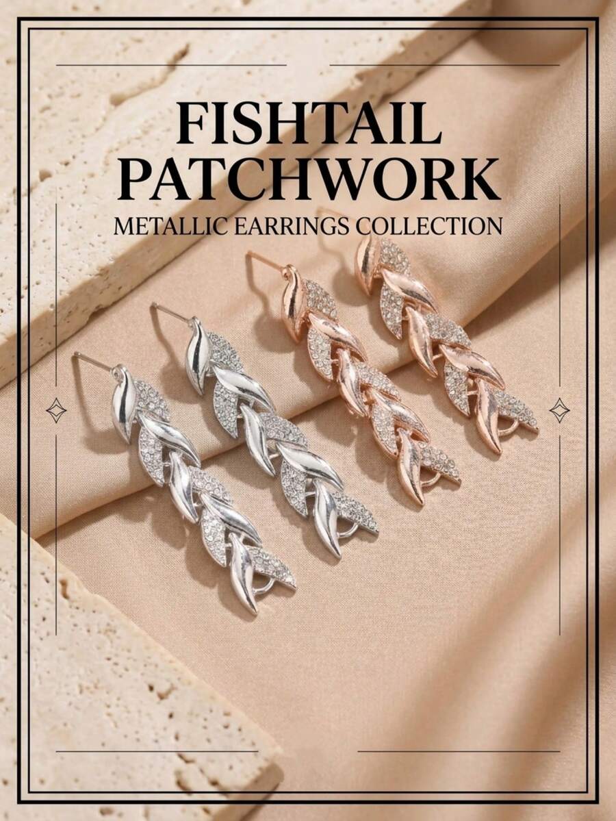 2對時尚精緻幾何水鑽拼接魚尾垂墜耳環,適合女性日常通勤、派對、宴會、聚會 - 彩色 - 查看 1