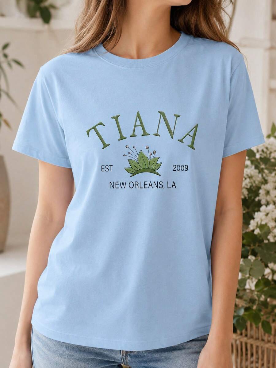 Women's Light Blue Cotton Graphic T Shirt, Round Neck Short Sleeve Casual Cute Regular Fit Top For Everyday Wear - Light Blue - 查看 1