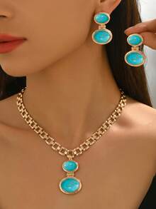 2pcs/Set Minimalist Vintage Creative Wide Chain Geometric Oval Faux Turquoise Pendant Necklace + Earrings Set, Women's Jewelry, Suitable For Daily, Holiday, Party Wear, Gift For Women - Yellow Gold - View 5