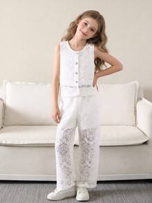 2pcs/Set Tween Girls Casual Vacation Style Hollow Out Fabric Sleeveless Crop Top & White Long Pants Suit, Summer - White - View 2