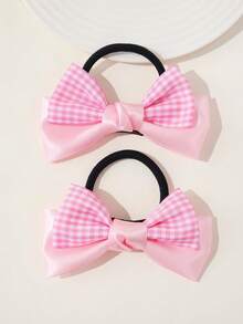 2件組女童時尚百搭精緻公主風髮飾/髮圈，雙層紋理亮面蝴蝶結設計，日常造型/編髮/馬尾必備，營造氛圍感 - 粉色 - 查看 2