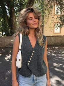SEREN Autumn/Winter New Dark Gray V-Neck Asymmetrical Button Vest, Elegant Versatile Sleeveless Layering Knit Sweater, Daily Wear - Dark Grey - View 5