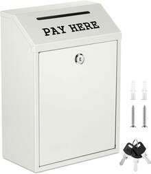 Metal Cash Box For Farm Stand - Secure Donation Drop Box, Wall Mount Lockable Cash Holder For Outdoor Self-Service, Pre-Drilled Holes, Black 10.2 X 5.7 X 2.8 Inch - 50 White Forks and Spoons - View 7