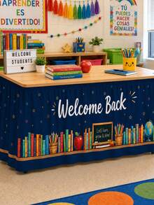 1pc Navy Blue School Library Style Polyester Table Skirt, Vintage Classroom Style Rectangular Tabletop Decor With Text Title, Apple, Globe And Blackboard Patterns, Suitable For Classroom Entrance, Reading Corner, Teacher Party, Back To School Event And Learning Space Decoration - Multicolor - View 4