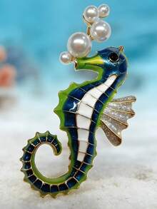 1pc Ocean Vacation Spring/Summer Fashion Inlaid Faux Pearl Small Seahorse Enamel Oil Drop Decor Women's Brooch Lapel Pin Suitable For Daily Outings And Clothing Matching - Seahorse Brooch - View 3