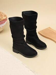 Sepatu Bot Anak Perempuan Hitam Suede Berlipit Setinggi Betis, Hak Rendah Anti Selip, Sepatu Bot Longgar Serbaguna untuk Musim Gugur/Dingin - Hitam - View 7