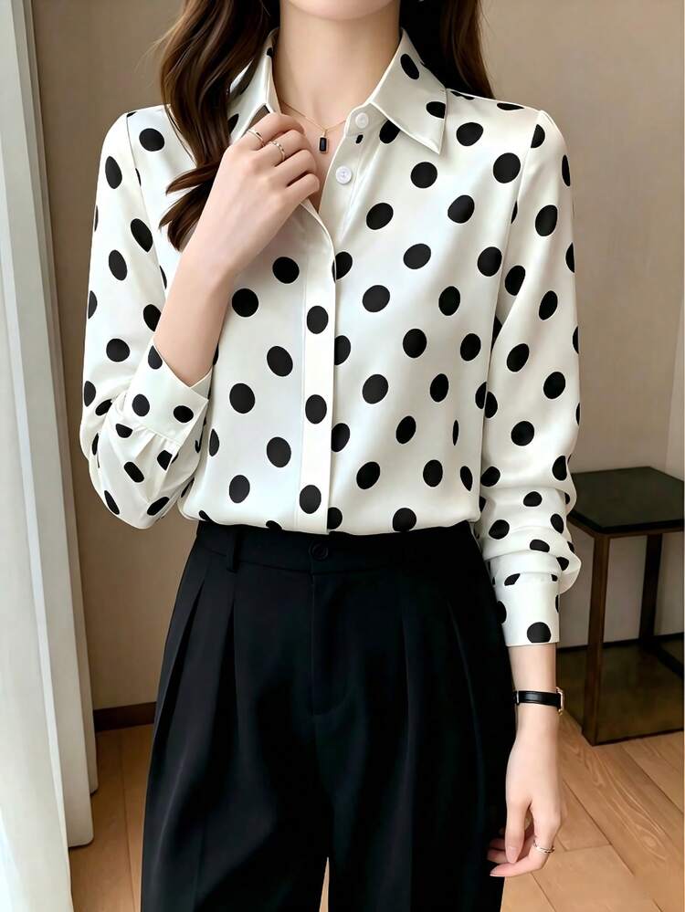 Elegant Design Polka Dot Pattern Shirt For Mature Women, Hong Kong Style - White - View 2