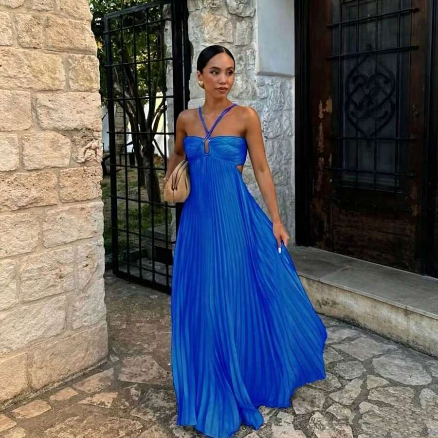 Summer New European And American Pure Color Strapless Pleated Sleeveless Dress - 寶藍色 - 查看 1