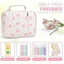 Quilted Women Bible Cover Case, Large Bible Study Storage Bag With Highlighters Index Tabs, Christian Journaling Kit Gift For Mom Mother's Day - Blue - View 2