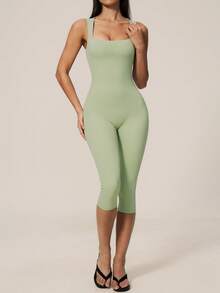 TimeOff Women's 1pc Solid Color Square Neck Thick Strap Waist-Cinching Athletic One-Piece Shorts - Green - View 9