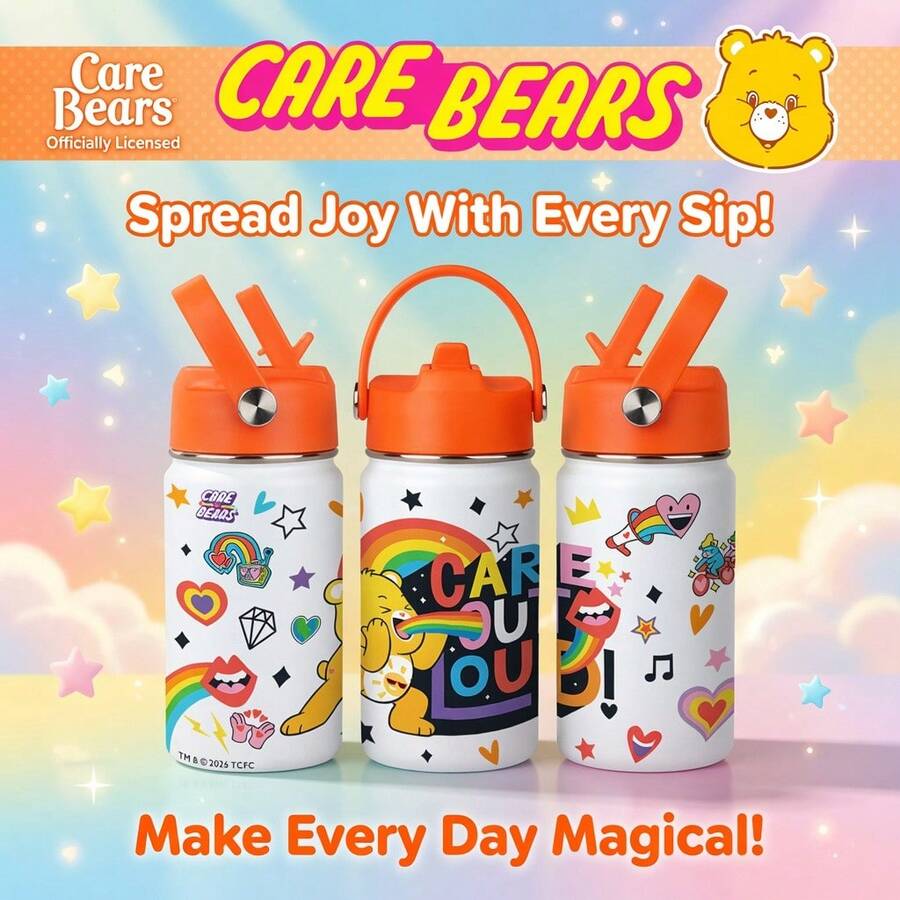 1pc 12oz Portable Leak-Proof Drop-Resistant With Handle Ring 304 Stainless Steel Straw Insulated Tumbler, Energetic Cute American Graffiti Style White Background Rainbow Heart Care Bears Full Print Pattern, Cylindrical Flip Lid Travel Cup, Long-Lasting Cold And Hot Retention, Car And Desk Water Cup, Student School Commute Birthday Valentine's Day Christmas Gift - Multicolor - View 1