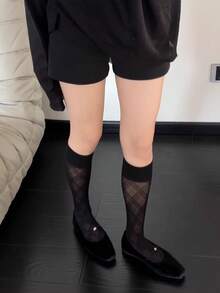 1 Pair New Diamond Pattern Tea Brown Sheer Thin Calf Socks, High Transparency Summer Socks, French Style Slimming Long Socks For Mary Jane Shoes - Multicolor - View 5