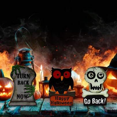 2026 Halloween Pumpkin Skull Tombstone Spooky Wooden Decor Cross-Border New Product Ghost Festival Pumpkin Skull Tombstone Owl Party Scene Decoration