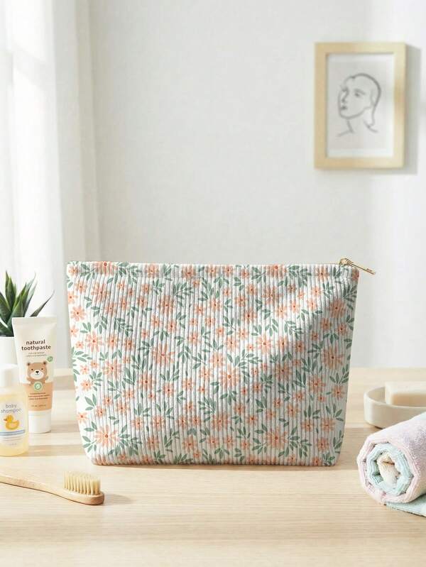 1pc, Makeup Bag, Multi-Scenario Universal, Extra Large Capacity, Ultra-Lightweight & Portable, Versatile & Practical, Cartoon Floral Pattern Printed Toiletry Bag, Thick Corduroy Toiletry & Makeup Bag, Cosmetic Bag, Large Capacity Toiletry Bag, For Lipstick, Brushes, Skincare Products, Phone, Coins, Small Items, For Home, Gift, Vacation And Holiday Multi-Function Use, Teenager Toiletry Storage Bag, School Makeup Bag, Back To School Supplies, Cosmetic & Toiletry Storage, School Supplies, Storage Bag, Room Supplies