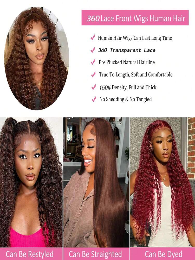 Chocolate Brown 360 Lace Front Wigs Human Hair Deep Wave Glueless Wigs 4# Pre Plucked Transparent Full Lace Frontal Human Hair Wig With Invisible Drawstring For Women - S4 - View 2
