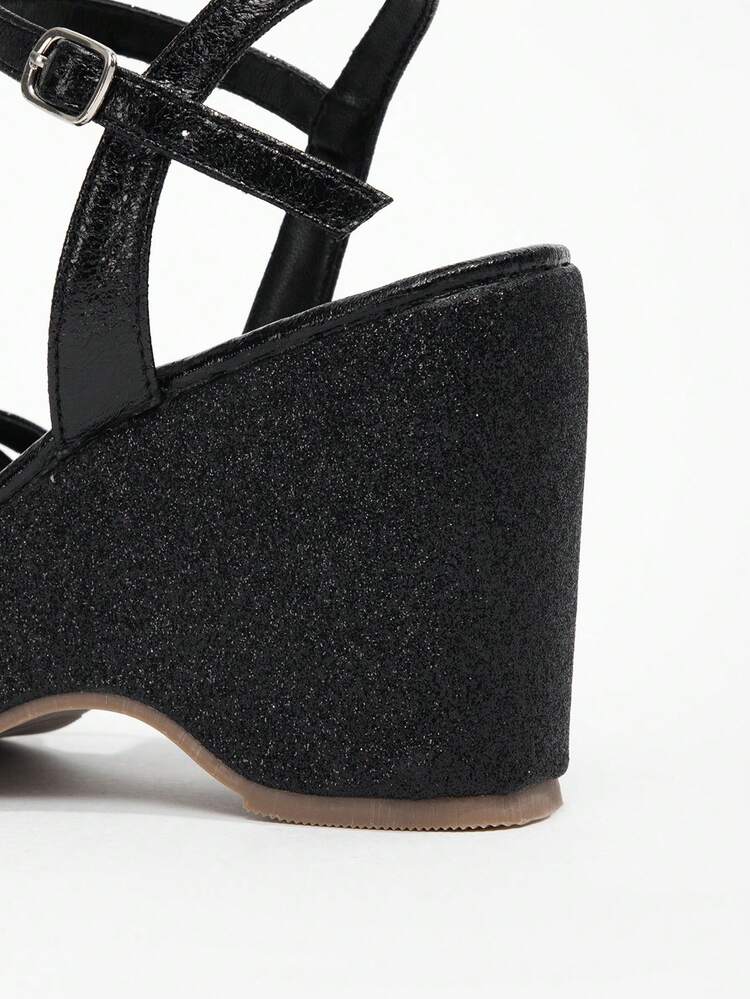 Women's Elegant Black Leather Twist Buckle Wedge Sandals, Open Toe Metal Buckle Back Strap Glitter Thick Sole Design, Suitable For Wedding, Party, Commute Office, Summer Daily Wear - Black - View 9