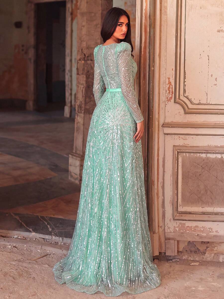 Faeriesty Haute Glamour Luxurious Deep V-Neck Sheer Beaded Formal Evening Gown Wedding Party Fall - Mint Green - View 1