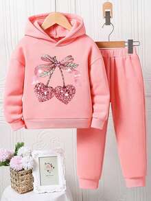 2pcs/Set Toddler Cartoon Print Warm Hoodie And Sweatpants Set - Pink - View 2