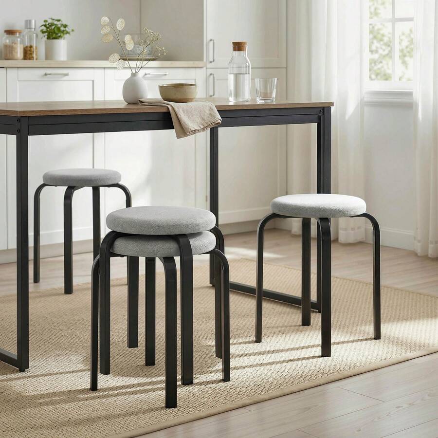 HOMCOM Stackable Stools Set Of 4, Modern Cushioned Stacking Chairs, Round Backless Stools For Kitchen, Dining Room, Living Room - Grey - View 1