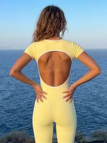 Never me Women's Contrast Trim Short Sleeve Back Cutout Open Back Square Neck Sports Jumpsuit Yoga Tight High Elasticity - Yellow - View 6